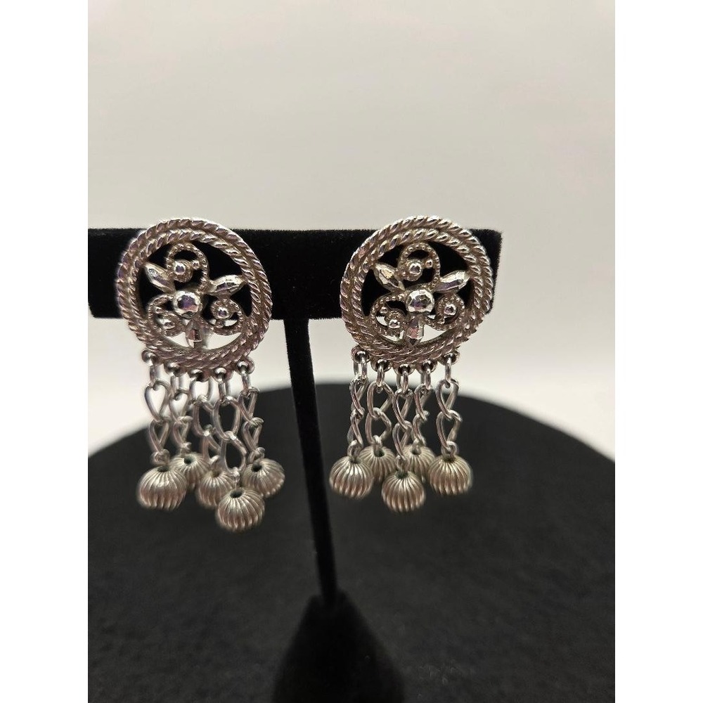 1960s Vintage Silver Tone Clip On Earrings Chandelier Dangle Statement Jewelry